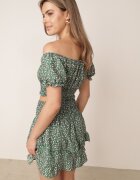  Komplet Verde două piese floral Top cu decolteu spaniol și Fustă cu volane Fritia