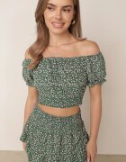 Komplet Verde două piese floral Top cu decolteu spaniol și Fustă cu volane Fritia