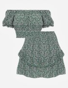 Komplet Verde două piese floral Top cu decolteu spaniol și Fustă cu volane Fritia