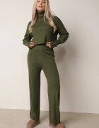  Komplet Verde Tricotat cu Vâscoză Bluză tip golf cu elastic și Pantaloni largi Noridra