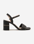 la flor Sandale cu toc Negre cu baretă împletită și aplicație metalică Finarela