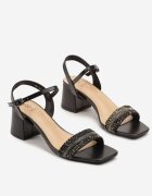 la flor Sandale Negre cu Toc cu Fată Împletită Cleorelle