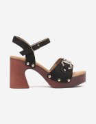la flor Sandale Negre Saboți cu toc gros cu Capse și Ornament stil Mocasin Lenissa
