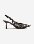 la flor Sandale Negre Slingback cu toc Tip Clepsidră Decorate cu broderie Iveltewia