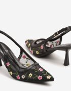 la flor Sandale Negre Slingback cu toc Tip Clepsidră Decorate cu broderie Iveltewia