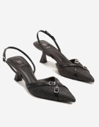 la flor Sandale Negre Slingback cu toc tip kitten decorate cu catarame Adivilo