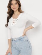 las garras Bluză Albă de Bumbac cu Dungi cu Șiret Tip Corset la Decolteu Jarelis