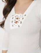 las garras Bluză Albă de Bumbac cu Dungi cu Șiret Tip Corset la Decolteu Jarelis