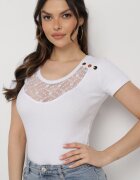 las garras Bluză Albă din Bumbac cu Dantelă la Decolteu și Butoane Decorative Xomilia