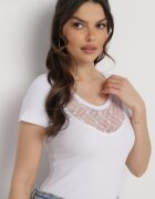 las garras Bluză Albă din Bumbac cu Dantelă la Decolteu și Butoane Decorative Xomilia