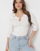 las garras Bluză Albă din Bumbac din Tricot Reiat cu Mâneci 3/4 și Decupaj la Decolteu Xireal