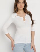las garras Bluză Albă din Bumbac din Tricot Reiat cu Mâneci 3/4 și Decupaj la Decolteu Xireal