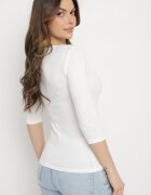 las garras Bluză Albă din Bumbac din Tricot Reiat cu Mâneci 3/4 și Decupaj la Decolteu Xireal