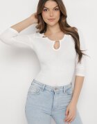 las garras Bluză Albă din Bumbac din Tricot Reiat cu Mâneci 3/4 și Decupaj la Decolteu Xireal