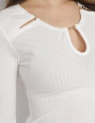 las garras Bluză Albă din Bumbac din Tricot Reiat cu Mâneci 3/4 și Decupaj la Decolteu Xireal