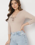 las garras Bluză Bej din bumbac cu dungi cu șiret tip corset la decolteu Jarelis