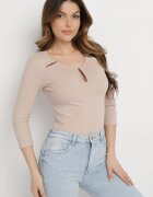 las garras Bluză Bej din Bumbac din Tricot Striat cu Mâneci 3/4 și Decupaj la Decolteu Xireal