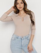 las garras Bluză Bej din Bumbac din Tricot Striat cu Mâneci 3/4 și Decupaj la Decolteu Xireal