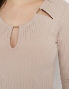 las garras Bluză Bej din Bumbac din Tricot Striat cu Mâneci 3/4 și Decupaj la Decolteu Xireal