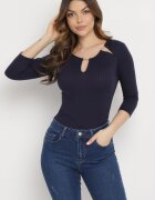 las garras Bluză bleumarin din bumbac din tricot reiat cu mâneci 3/4 și decupaj la decolteu Xireal