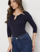 las garras Bluză bleumarin din bumbac din tricot reiat cu mâneci 3/4 și decupaj la decolteu Xireal