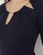 las garras Bluză bleumarin din bumbac din tricot reiat cu mâneci 3/4 și decupaj la decolteu Xireal