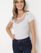 las garras Bluză de bumbac gri deschis cu dantelă la decolteu și nasturi decorativi Xomilia