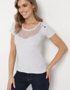 las garras Bluză de bumbac gri deschis cu dantelă la decolteu și nasturi decorativi Xomilia