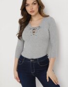 las garras Bluză Gri de Bumbac în Dungi cu Legătură Tip Corset La Decolteu Jarelis