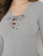las garras Bluză Gri de Bumbac în Dungi cu Legătură Tip Corset La Decolteu Jarelis