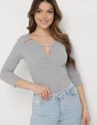 las garras Bluză Gri Din bumbac Din tricot reiat Cu mâneci 3/4 Și decupaj la decolteu Xireal