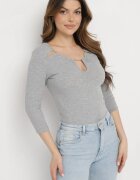 las garras Bluză Gri Din bumbac Din tricot reiat Cu mâneci 3/4 Și decupaj la decolteu Xireal