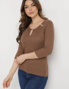 las garras Bluză Maro de bumbac din tricot reiat cu Mâneci 3/4 și Decupaj la Decolteu Xireal