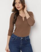 las garras Bluză Maro de bumbac din tricot reiat cu Mâneci 3/4 și Decupaj la Decolteu Xireal