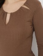 las garras Bluză Maro de bumbac din tricot reiat cu Mâneci 3/4 și Decupaj la Decolteu Xireal