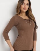 las garras Bluză Maro de bumbac striată cu legătură tip corset la decolteu Jarelis