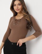 las garras Bluză Maro de bumbac striată cu legătură tip corset la decolteu Jarelis