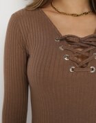 las garras Bluză Maro de bumbac striată cu legătură tip corset la decolteu Jarelis