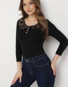 las garras Bluză Neagră de bumbac cu Capse Decorative și Inserție din Dantelă Betolia