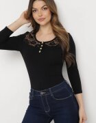 las garras Bluză Neagră de bumbac cu Capse Decorative și Inserție din Dantelă Betolia