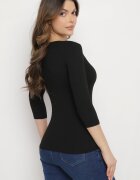 las garras Bluză Neagră de Bumbac din Tricot Reiat cu Mâneci 3/4 și Decupaj la Decolteu Xireal