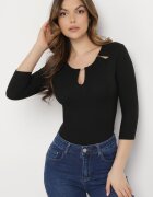 las garras Bluză Neagră de Bumbac din Tricot Reiat cu Mâneci 3/4 și Decupaj la Decolteu Xireal