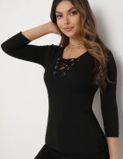 las garras Bluză Neagră de Bumbac în dungi cu șiret tip corset la decolteu Jarelis