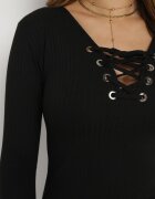 las garras Bluză Neagră de Bumbac în dungi cu șiret tip corset la decolteu Jarelis