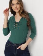las garras Bluză Verde de Bumbac cu Dungi cu Decolteu cu Șiret Tip Corset Jarelis