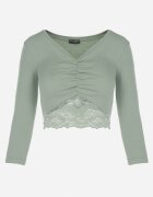 las garras Bluză Verde de Bumbac cu Inserție din Dantelă și Încrețire Keiry