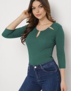 las garras Bluză Verde din bumbac din tricot reiat cu mâneci 3/4 și decupaj la decolteu Xireal