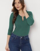 las garras Bluză Verde din bumbac din tricot reiat cu mâneci 3/4 și decupaj la decolteu Xireal