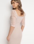 las garras Rochie Bej Bumbac Mulată Mini cu Mâneci Transparente 3/4 Ferdiana
