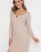 las garras Rochie Bej Rebrată Mulată din Bumbac cu Inserție Decorativă la Decolteu Delamith
